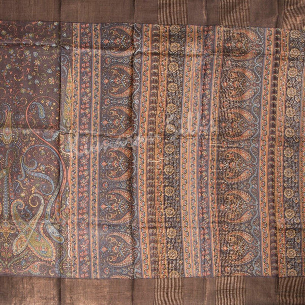 Pure Tussar Dark Brown Mango Printed Saree - Kumaran Silks