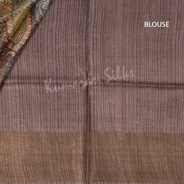 Pure Tussar Dark Brown Mango Printed Saree - Kumaran Silks