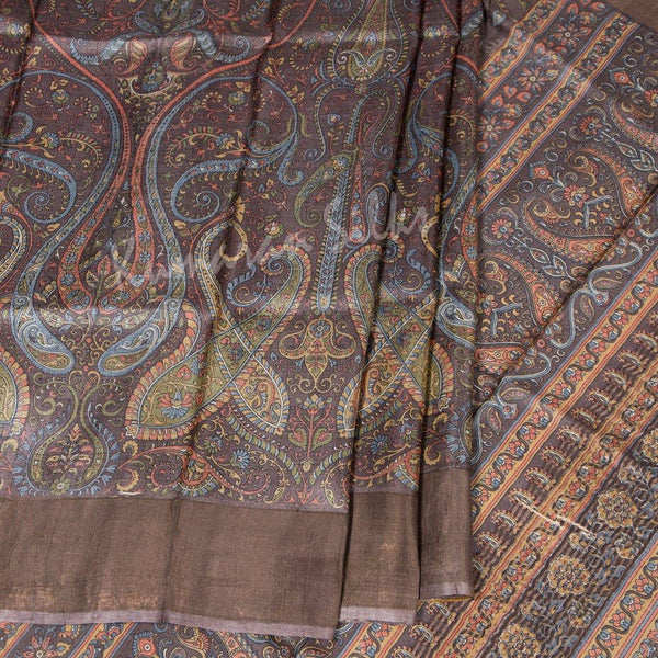 Pure Tussar Dark Brown Mango Printed Saree - Kumaran Silks