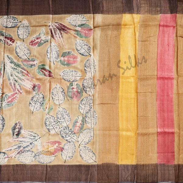 Pure Tussar Light Brown Leaf Printed Saree - Kumaran Silks