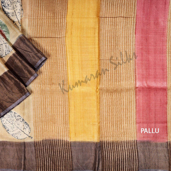 Pure Tussar Light Brown Leaf Printed Saree - Kumaran Silks