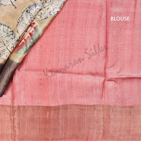 Pure Tussar Light Brown Leaf Printed Saree - Kumaran Silks