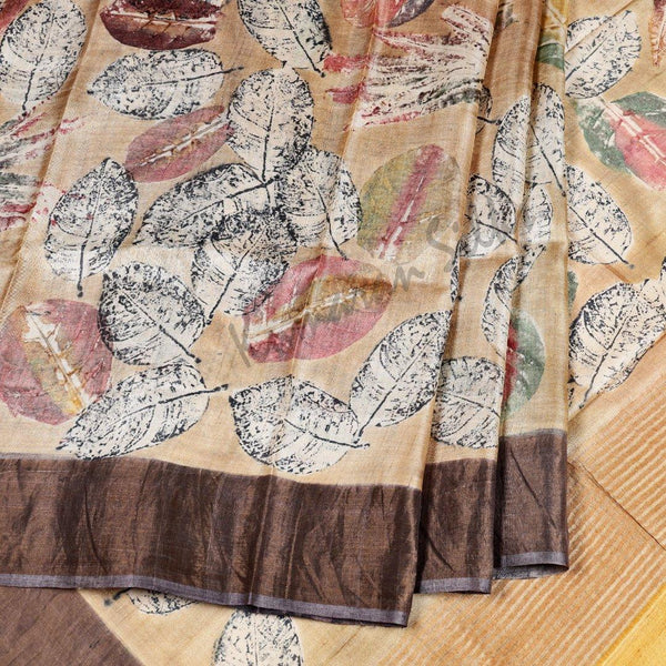 Pure Tussar Light Brown Leaf Printed Saree - Kumaran Silks