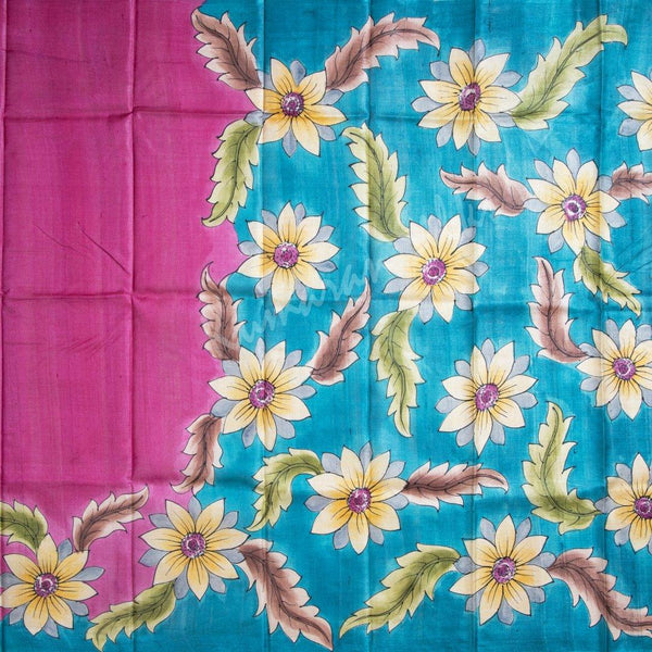 Pure Tussar Dark Pink Saree With Floral Border - Kumaran Silks