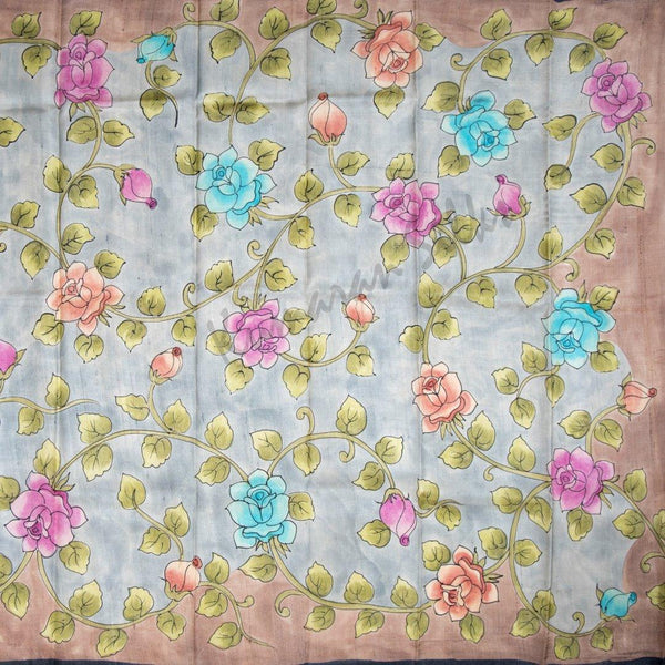 Pure Tussar Grey Saree With Floral Border - Kumaran Silks