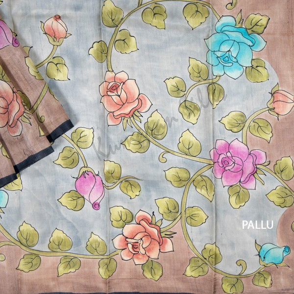 Pure Tussar Grey Saree With Floral Border - Kumaran Silks
