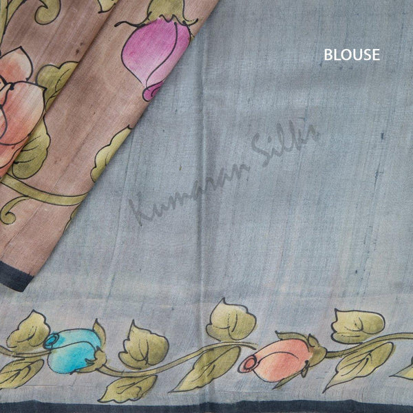 Pure Tussar Grey Saree With Floral Border - Kumaran Silks