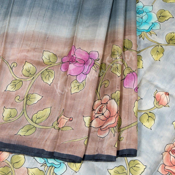 Pure Tussar Grey Saree With Floral Border - Kumaran Silks