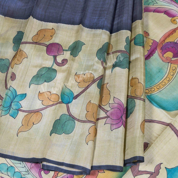 Pure Tussar Black Saree With Floral Border - Kumaran Silks