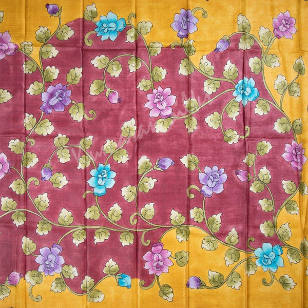 Pure Tussar Wine Saree With Floral Border - Kumaran Silks