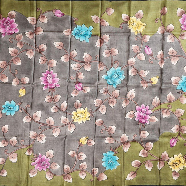 Pure Tussar Grey Saree With Floral Border 02 - Kumaran Silks