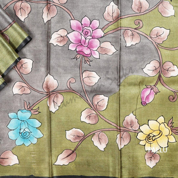 Pure Tussar Grey Saree With Floral Border 02 - Kumaran Silks