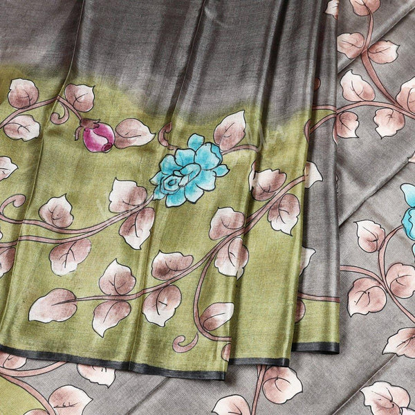 Pure Tussar Grey Saree With Floral Border 02 - Kumaran Silks