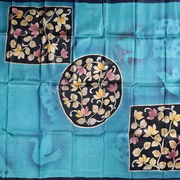 Pure Tussar Sky Blue Birds And Floral Printed Saree - Kumaran Silks