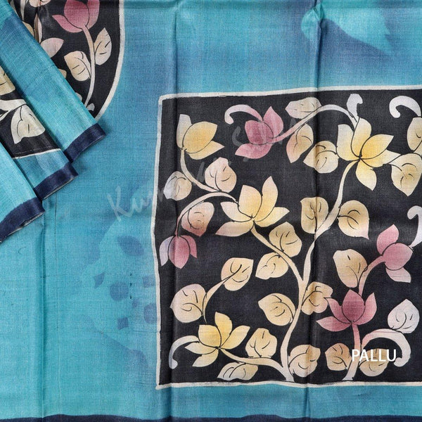 Pure Tussar Sky Blue Birds And Floral Printed Saree - Kumaran Silks