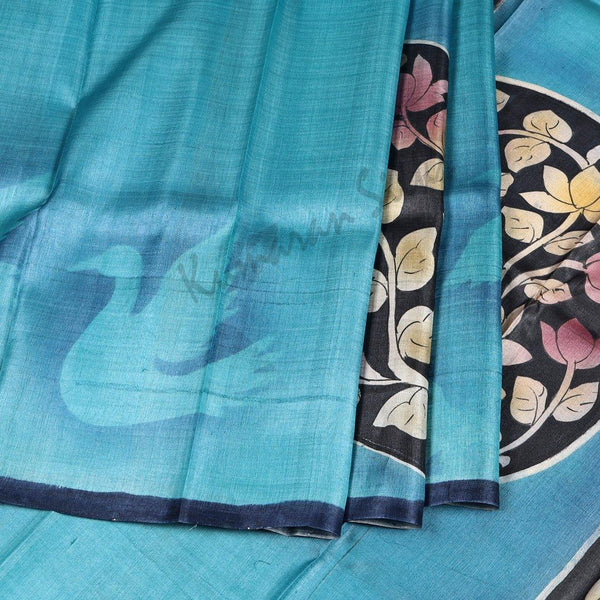 Pure Tussar Sky Blue Birds And Floral Printed Saree - Kumaran Silks