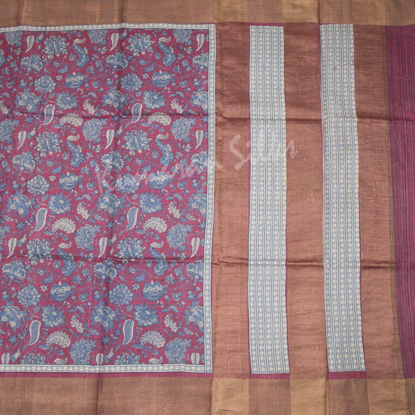 Pure Tussar Dark Pink Floral Printed Saree - Kumaran Silks
