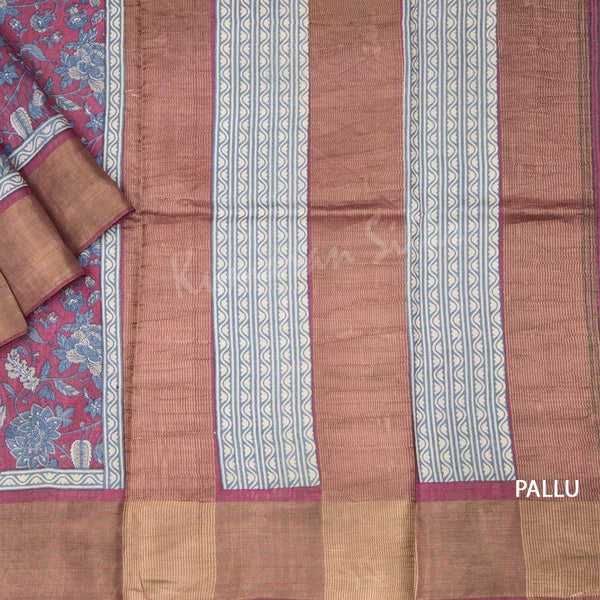 Pure Tussar Dark Pink Floral Printed Saree - Kumaran Silks