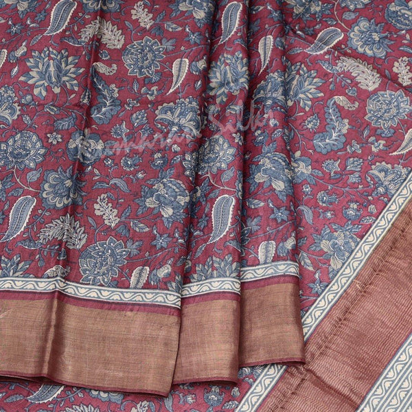 Pure Tussar Dark Pink Floral Printed Saree - Kumaran Silks