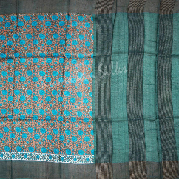 Pure Tussar Cinnamon Brown Floral Printed Saree - Kumaran Silks