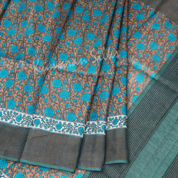 Pure Tussar Cinnamon Brown Floral Printed Saree - Kumaran Silks