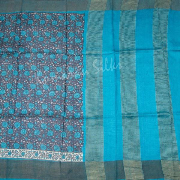 Pure Tussar Navy Blue Floral Printed Saree - Kumaran Silks