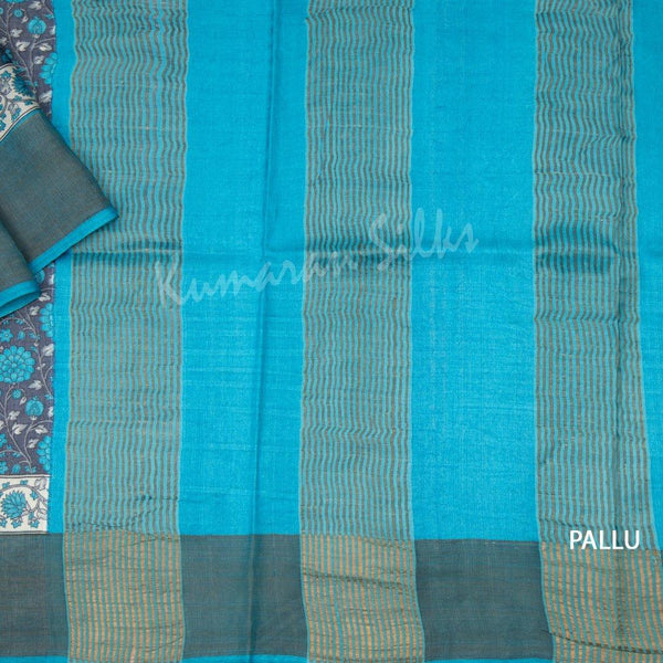 Pure Tussar Navy Blue Floral Printed Saree - Kumaran Silks