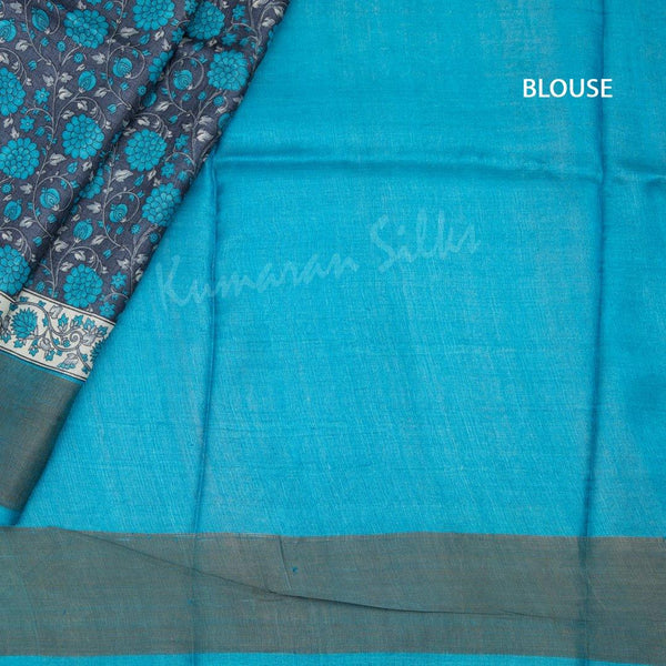 Pure Tussar Navy Blue Floral Printed Saree - Kumaran Silks