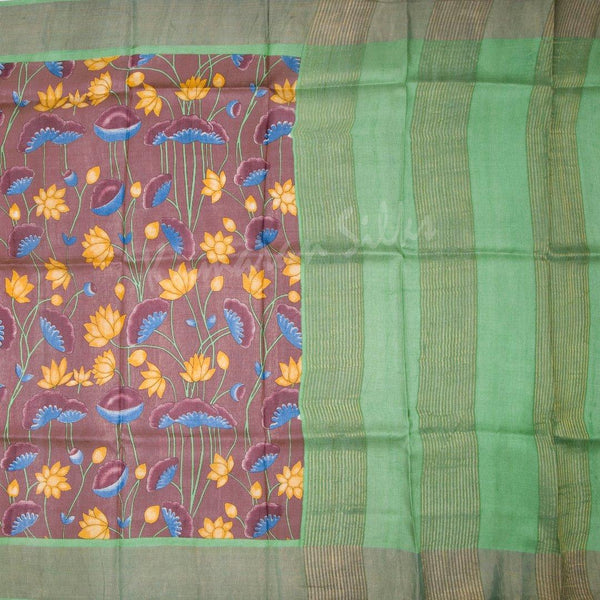 Pure Tussar Brown Floral Printed Saree - Kumaran Silks