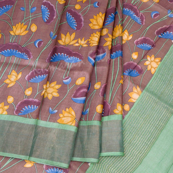 Pure Tussar Brown Floral Printed Saree - Kumaran Silks