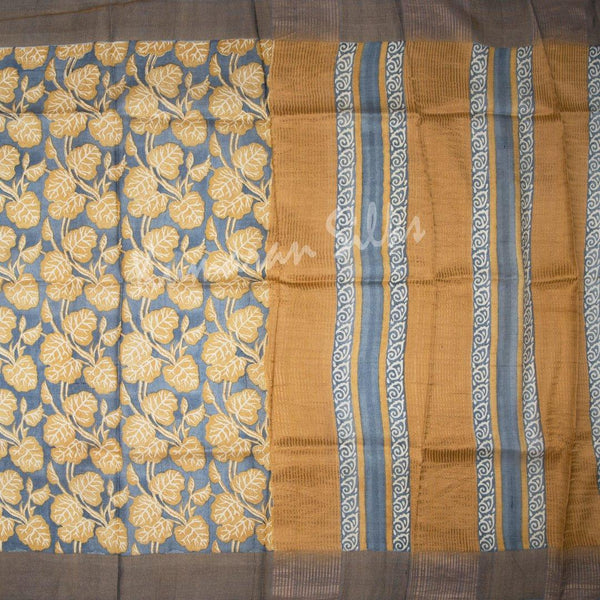 Pure Tussar Greyish Blue Leaf Printed Saree - Kumaran Silks
