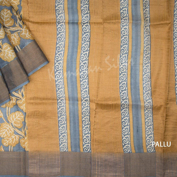 Pure Tussar Greyish Blue Leaf Printed Saree - Kumaran Silks