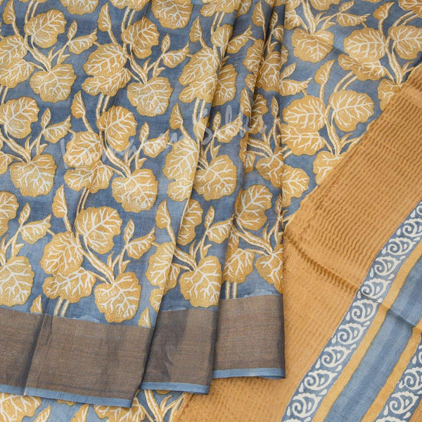 Pure Tussar Greyish Blue Leaf Printed Saree - Kumaran Silks