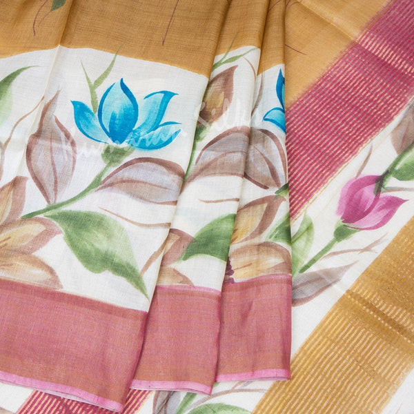 Pure Tussar Golden Brown Saree With Floral Motif - Kumaran Silks