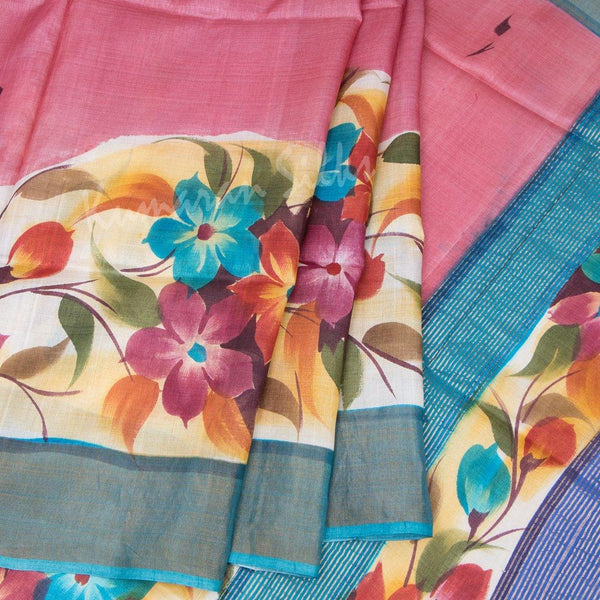 Pure Tussar Rose Pink Saree With Floral Motif - Kumaran Silks