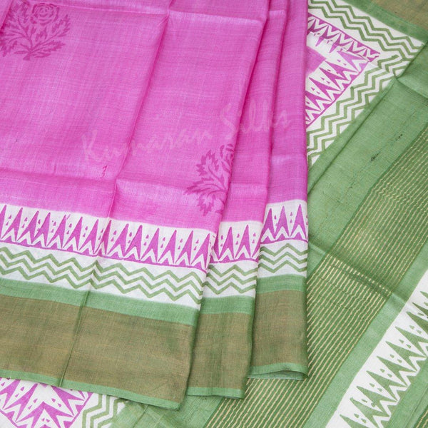 Pure Tussar Hot Pink Floral Printed Saree - Kumaran Silks