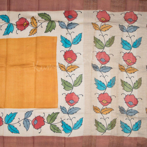 Pure Tussar Mango Yellow Plain Saree - Kumaran Silks