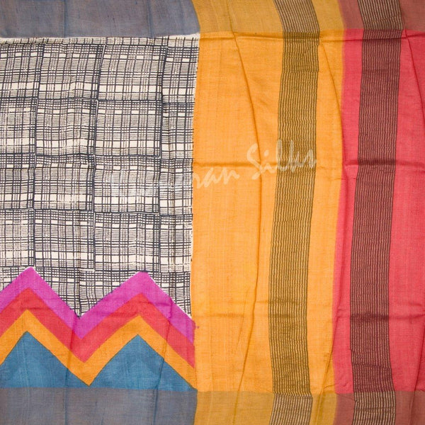 Pure Tussar Cream Saree With Checked Design - Kumaran Silks