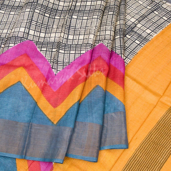 Pure Tussar Cream Saree With Checked Design - Kumaran Silks