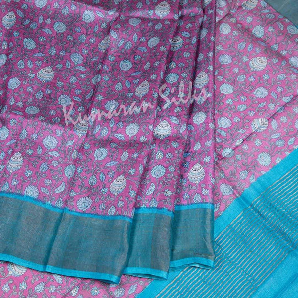 Pure Tussar Pink Saree With Floral Motif - Kumaran Silks
