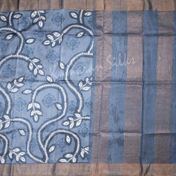Pure Tussar Greyish Blue Saree With Leaf Design - Kumaran Silks