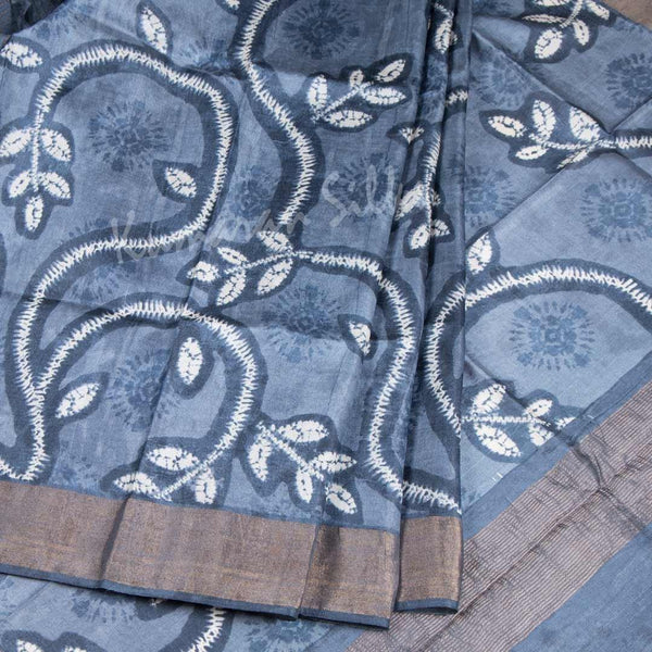 Pure Tussar Greyish Blue Saree With Leaf Design - Kumaran Silks