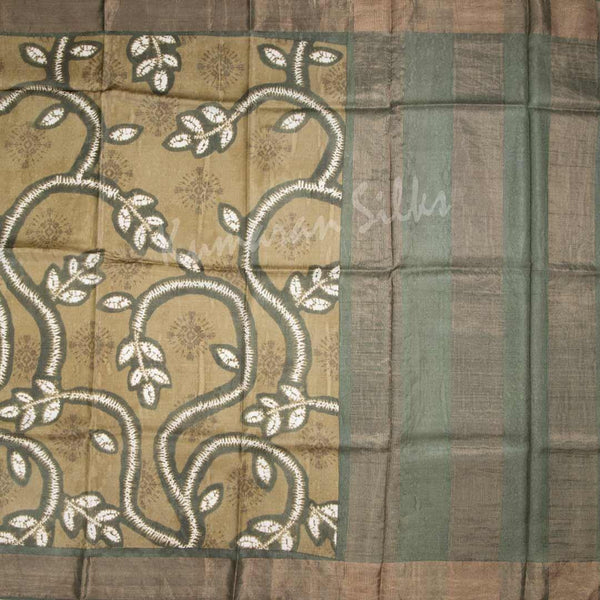 Pure Tussar Olive Green Saree With Leaf Design - Kumaran Silks