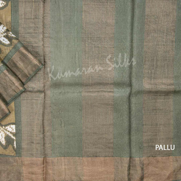 Pure Tussar Olive Green Saree With Leaf Design - Kumaran Silks