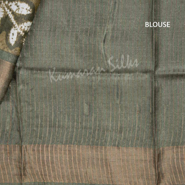 Pure Tussar Olive Green Saree With Leaf Design - Kumaran Silks