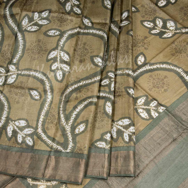Pure Tussar Olive Green Saree With Leaf Design - Kumaran Silks