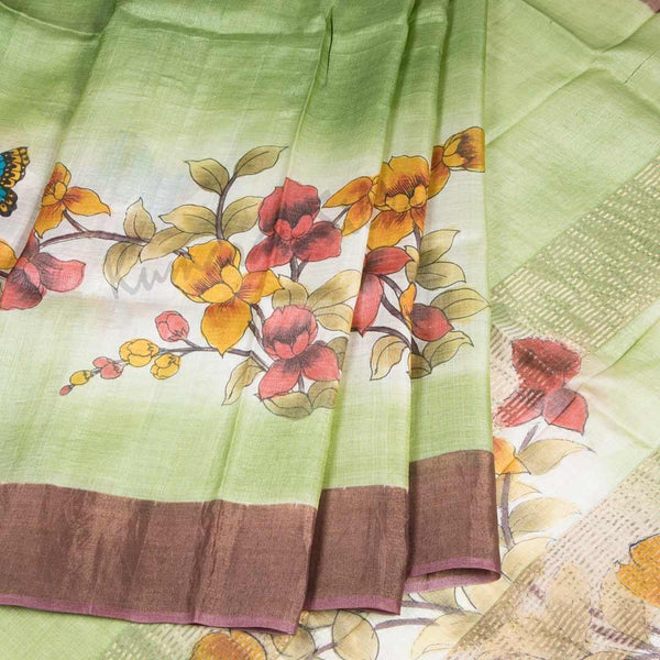 Pure Tussar Light Green Saree With Floral Motif 02 - Kumaran Silks