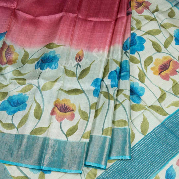 Pure Tussar Peach Saree With Floral Motif 03 - Kumaran Silks