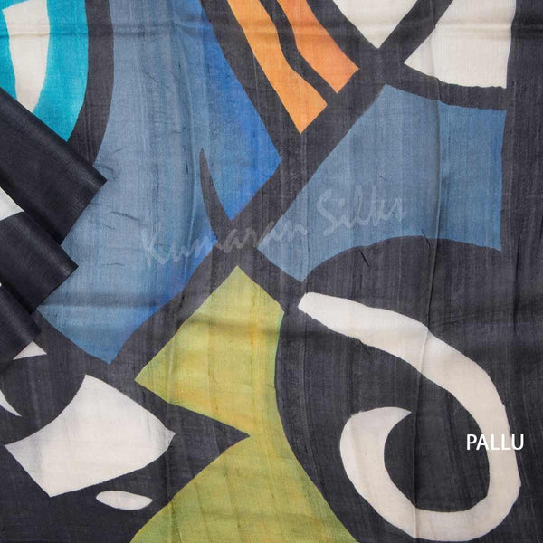 Pure Tussar Black Geometric Printed Saree - Kumaran Silks