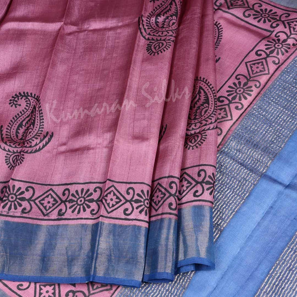 Pure Tussar Dark Pink Mango Printed Saree - Kumaran Silks